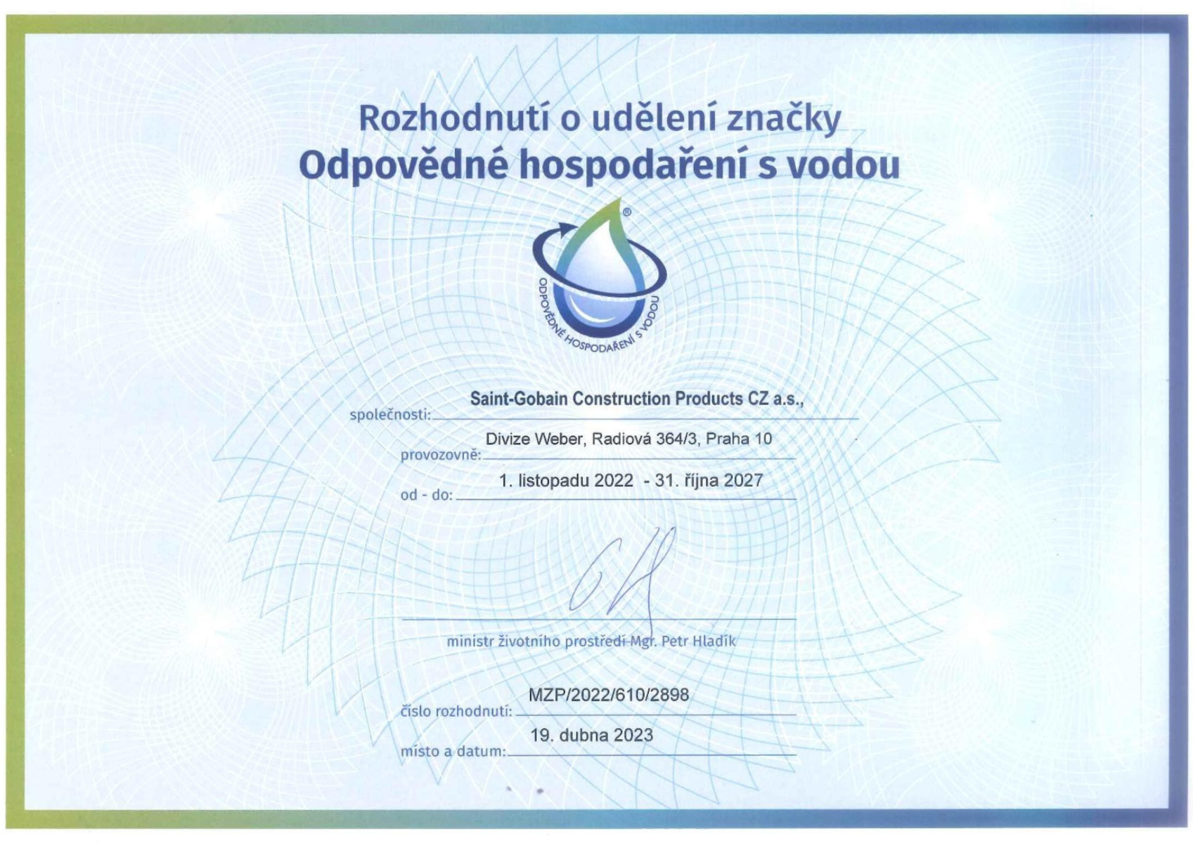 Weber odpovědně hospodaří s vodou